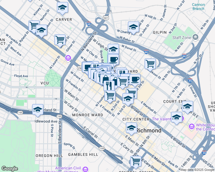 map of restaurants, bars, coffee shops, grocery stores, and more near 10 West Broad Street in Richmond