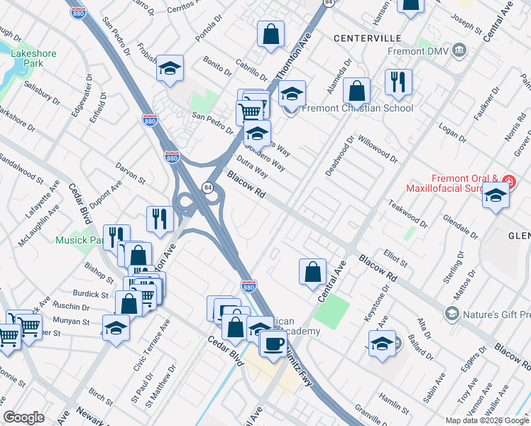 map of restaurants, bars, coffee shops, grocery stores, and more near 37209 Alexander Street in Fremont