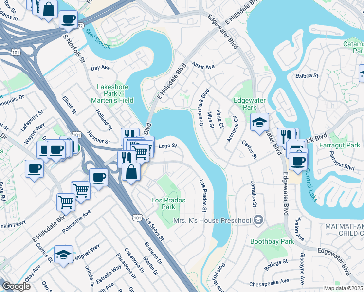 map of restaurants, bars, coffee shops, grocery stores, and more near 1553 Lago Street in San Mateo
