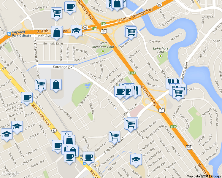 map of restaurants, bars, coffee shops, grocery stores, and more near 1051 Yates Way in San Mateo