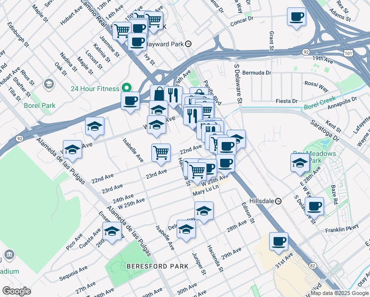 map of restaurants, bars, coffee shops, grocery stores, and more near 68 Lodato Avenue in San Mateo