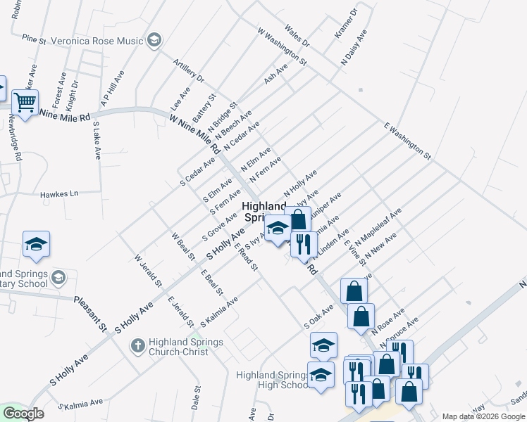 map of restaurants, bars, coffee shops, grocery stores, and more near in Henrico