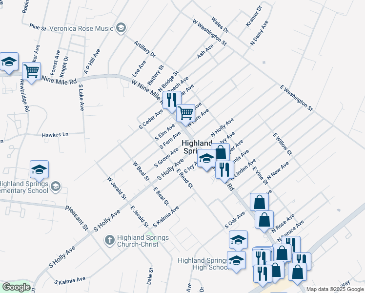 map of restaurants, bars, coffee shops, grocery stores, and more near 7 South Grove Avenue in Highland Springs