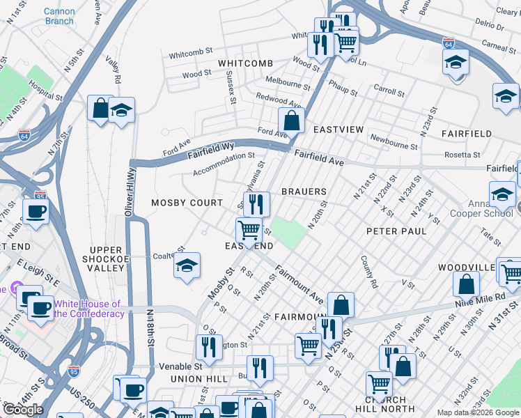 map of restaurants, bars, coffee shops, grocery stores, and more near 1424 Mechanicsville Turnpike in Richmond