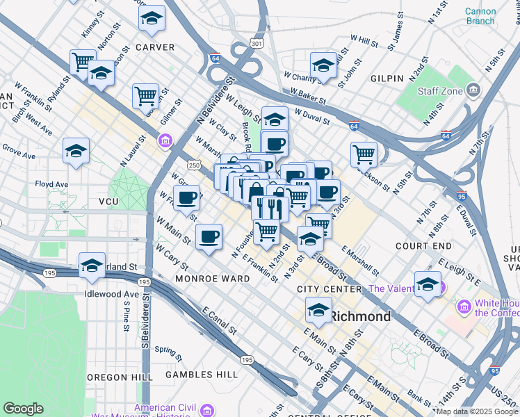 map of restaurants, bars, coffee shops, grocery stores, and more near 11 West Marshall Street in Richmond
