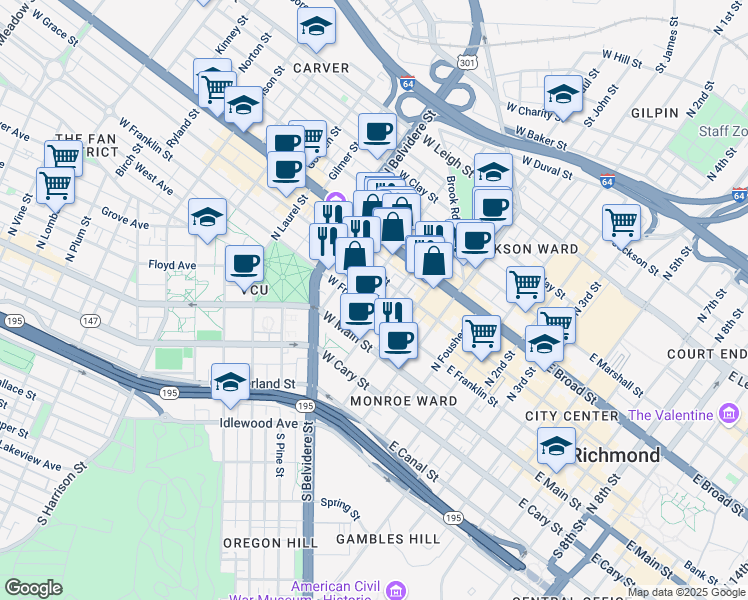 map of restaurants, bars, coffee shops, grocery stores, and more near 321 West Grace Street in Richmond