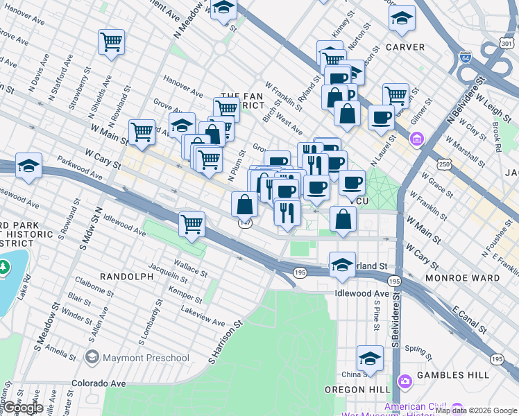 map of restaurants, bars, coffee shops, grocery stores, and more near in Richmond