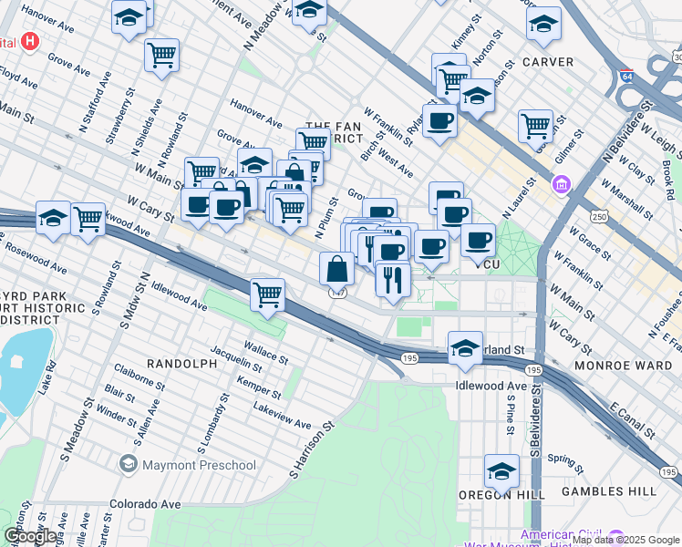 map of restaurants, bars, coffee shops, grocery stores, and more near 1401 Virginia 147 in Richmond