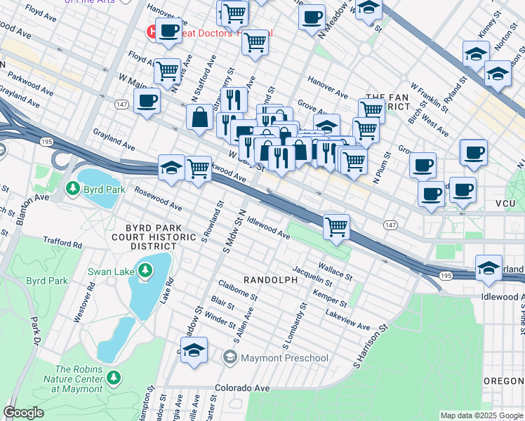 map of restaurants, bars, coffee shops, grocery stores, and more near 1901 Grayland Avenue in Richmond