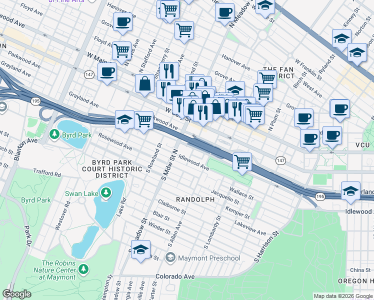 map of restaurants, bars, coffee shops, grocery stores, and more near 1901 Grayland Avenue in Richmond
