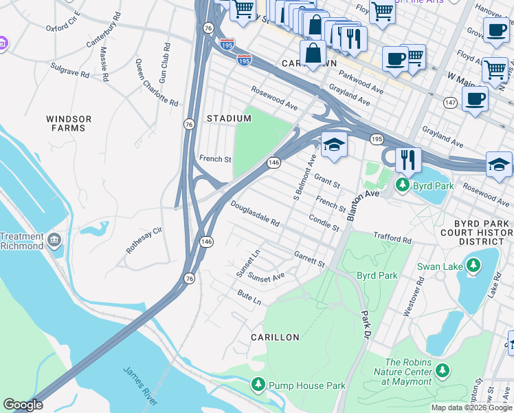map of restaurants, bars, coffee shops, grocery stores, and more near 3229 Condie Street in Richmond