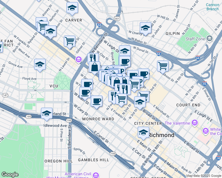 map of restaurants, bars, coffee shops, grocery stores, and more near in Richmond