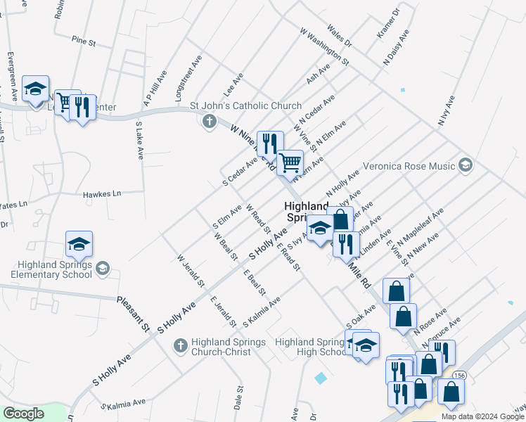 map of restaurants, bars, coffee shops, grocery stores, and more near 19 South Fern Avenue in Henrico