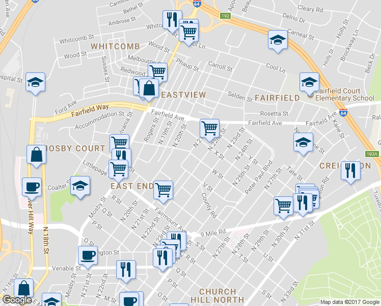 map of restaurants, bars, coffee shops, grocery stores, and more near 1124 W Street in Richmond