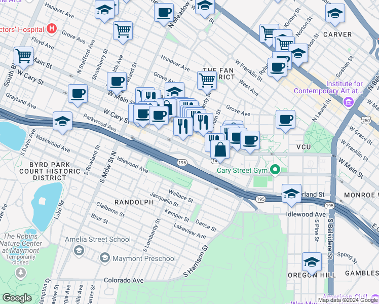 map of restaurants, bars, coffee shops, grocery stores, and more near 1529 West Cary Street in Richmond