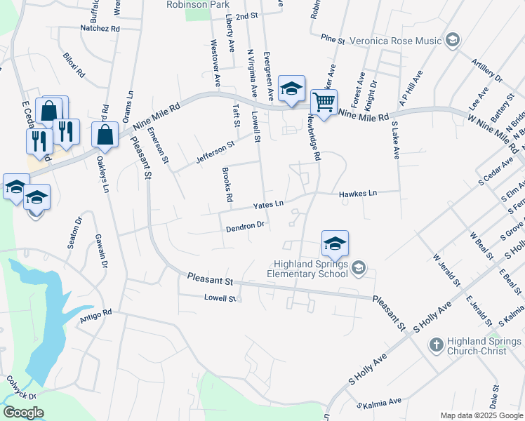 map of restaurants, bars, coffee shops, grocery stores, and more near 5713 Yates Lane in Richmond