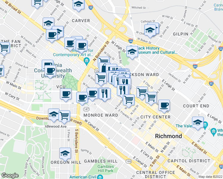 map of restaurants, bars, coffee shops, grocery stores, and more near 148 West Grace Street in Richmond