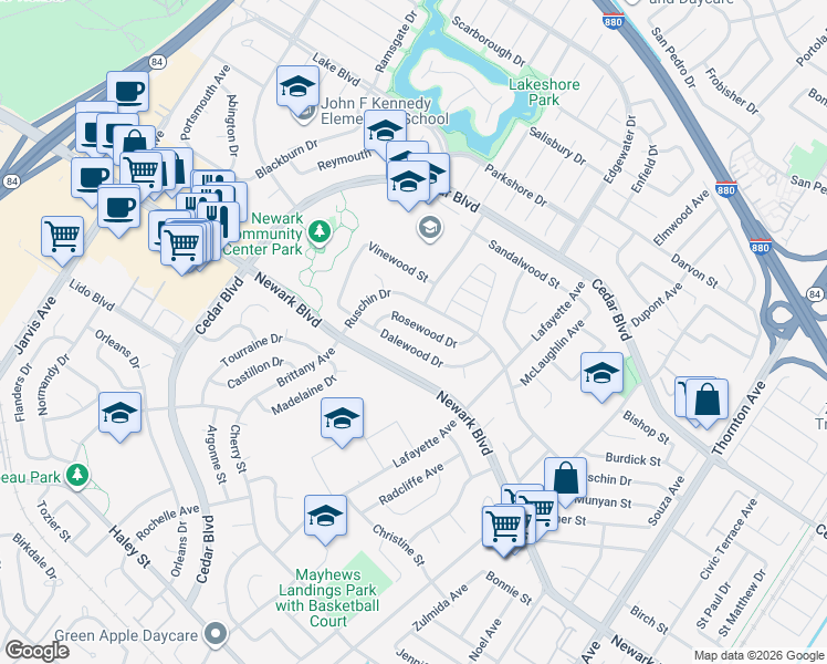 map of restaurants, bars, coffee shops, grocery stores, and more near 35960 Rosewood Drive in Newark