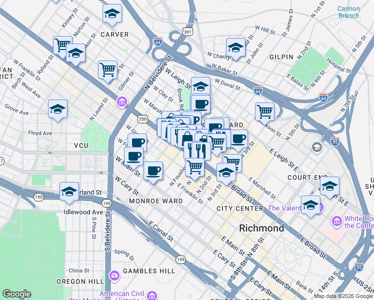 map of restaurants, bars, coffee shops, grocery stores, and more near 30 West Broad Street in Richmond