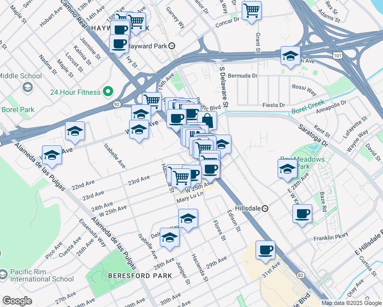 map of restaurants, bars, coffee shops, grocery stores, and more near 2174 South El Camino Real in San Mateo