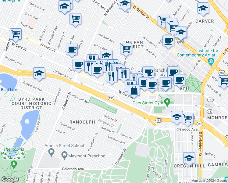 map of restaurants, bars, coffee shops, grocery stores, and more near 1601 West Cary Street in Richmond