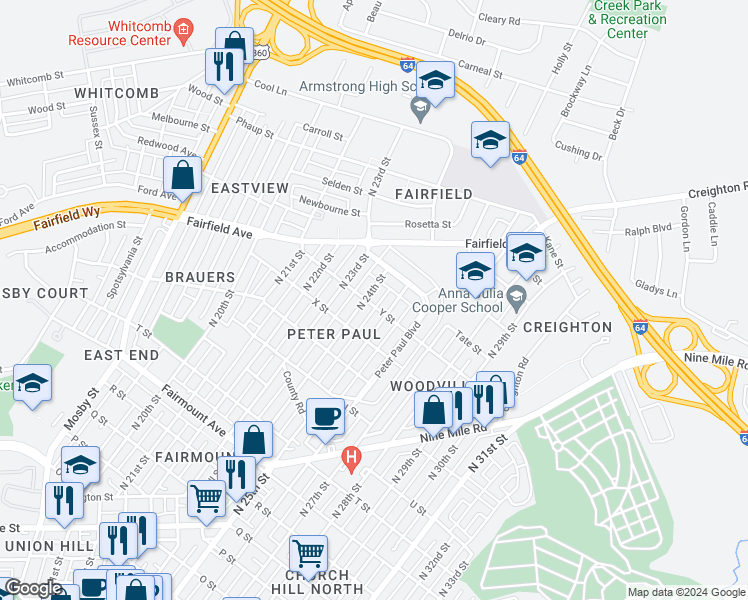 map of restaurants, bars, coffee shops, grocery stores, and more near 1901 North 24th Street in Richmond