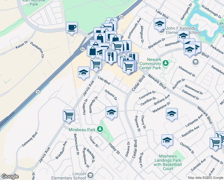 map of restaurants, bars, coffee shops, grocery stores, and more near 35183 Lido Boulevard in Newark