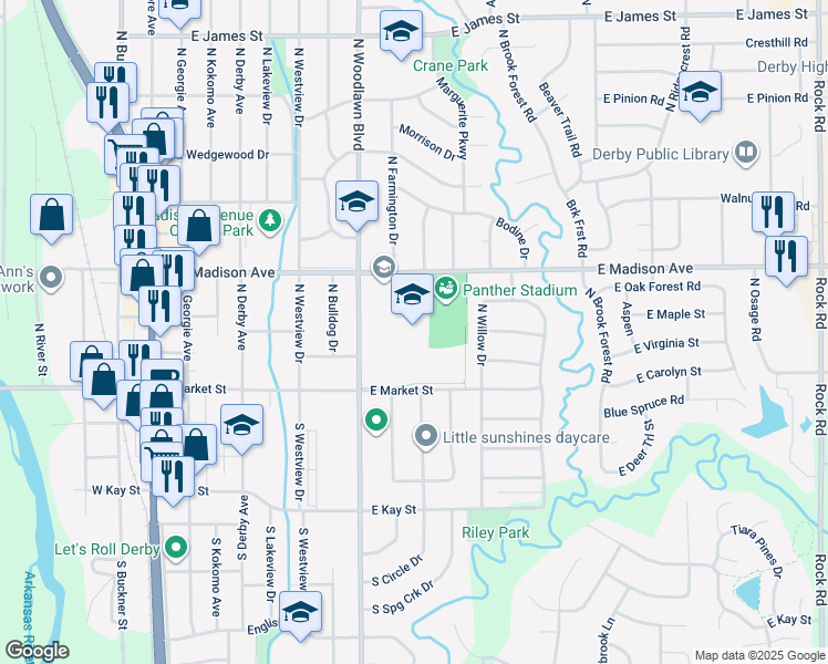 map of restaurants, bars, coffee shops, grocery stores, and more near 801 East Madison Avenue in Derby