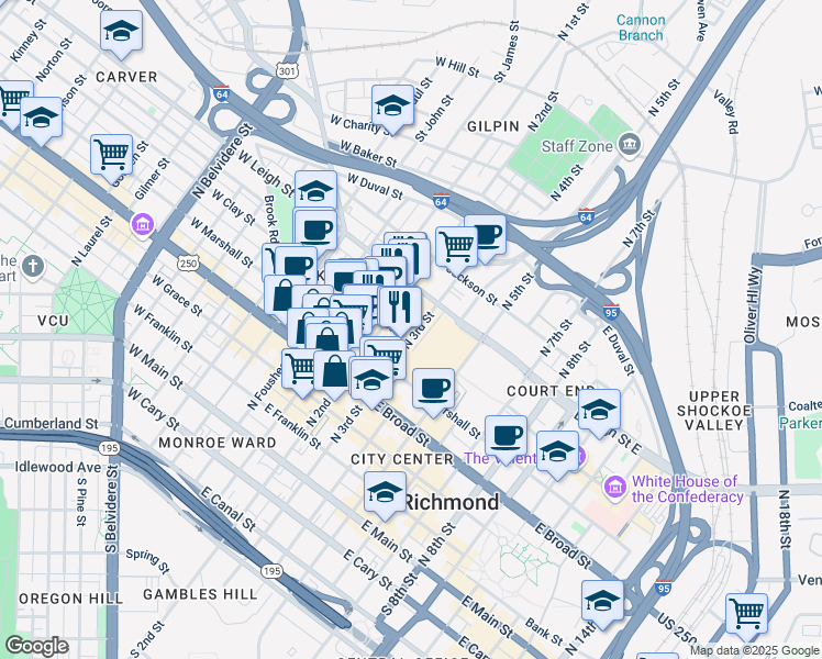 map of restaurants, bars, coffee shops, grocery stores, and more near 212 East Clay Street in Richmond
