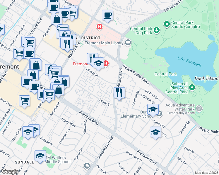 map of restaurants, bars, coffee shops, grocery stores, and more near 3470 Hart Common in Fremont