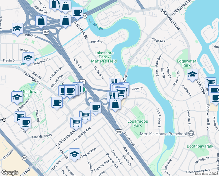 map of restaurants, bars, coffee shops, grocery stores, and more near 2861 Holland Street in San Mateo