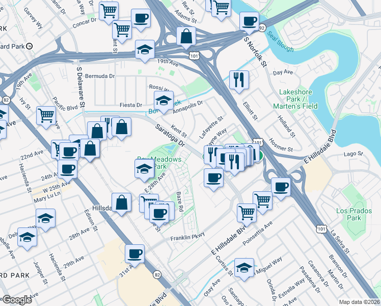 map of restaurants, bars, coffee shops, grocery stores, and more near 496 East 28th Avenue in San Mateo