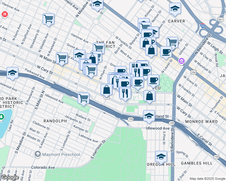 map of restaurants, bars, coffee shops, grocery stores, and more near in Richmond