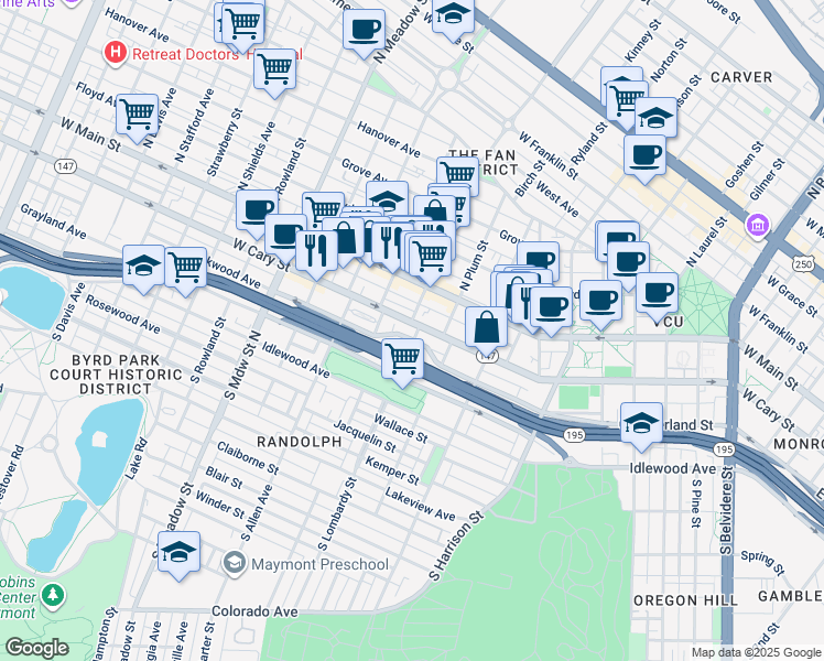 map of restaurants, bars, coffee shops, grocery stores, and more near 1603 West Cary Street in Richmond