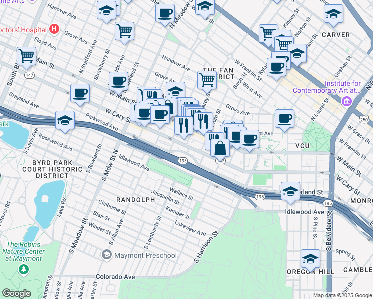 map of restaurants, bars, coffee shops, grocery stores, and more near 1603 West Cary Street in Richmond