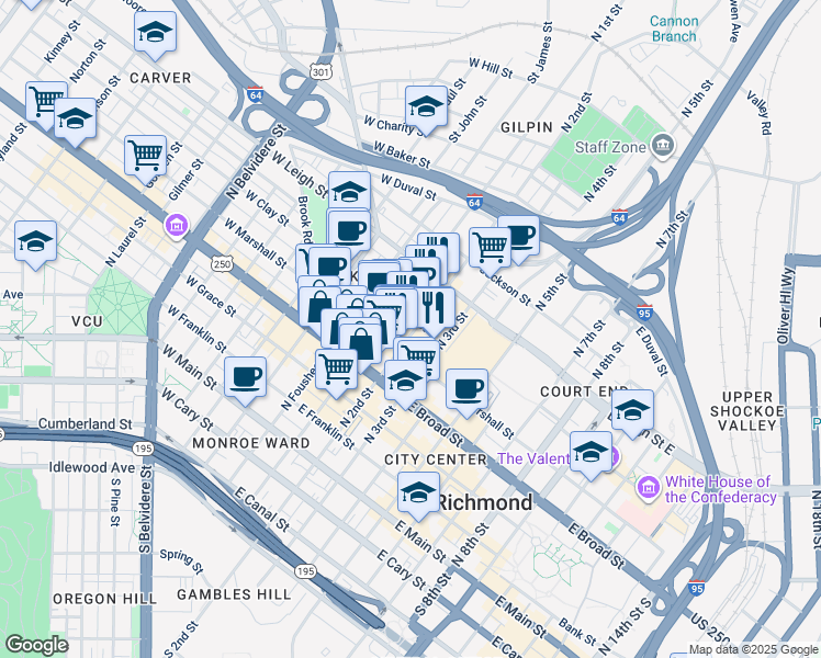 map of restaurants, bars, coffee shops, grocery stores, and more near 107 East Clay Street in Richmond