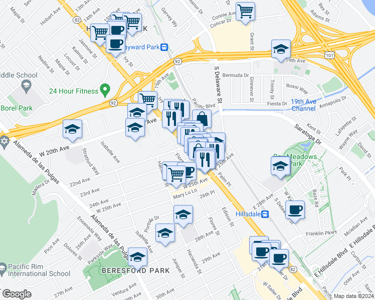 map of restaurants, bars, coffee shops, grocery stores, and more near 2180 Palm Avenue in San Mateo