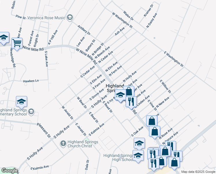 map of restaurants, bars, coffee shops, grocery stores, and more near 5 South Grove Avenue in Highland Springs