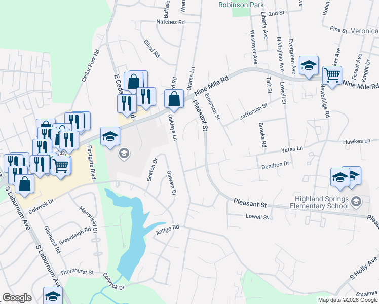map of restaurants, bars, coffee shops, grocery stores, and more near 3801 Flat Field Terrace in Richmond