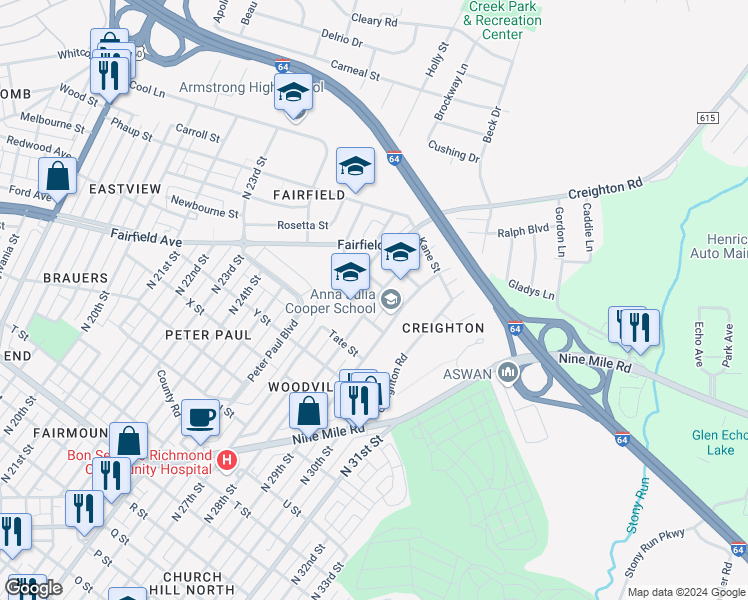 map of restaurants, bars, coffee shops, grocery stores, and more near 2100 North 28th Street in Richmond
