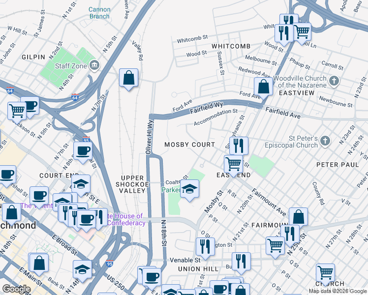 map of restaurants, bars, coffee shops, grocery stores, and more near in Richmond