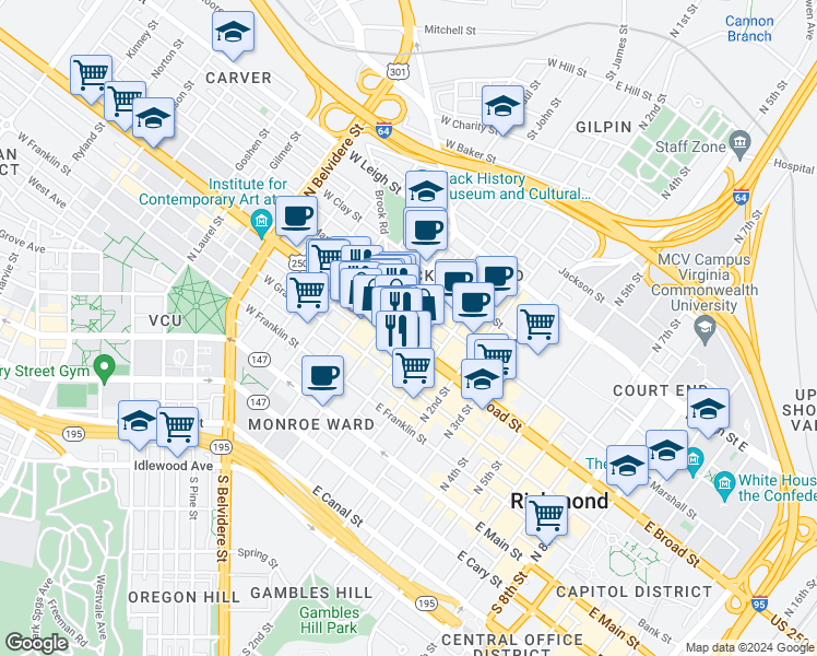 map of restaurants, bars, coffee shops, grocery stores, and more near 11 West Marshall Street in Richmond