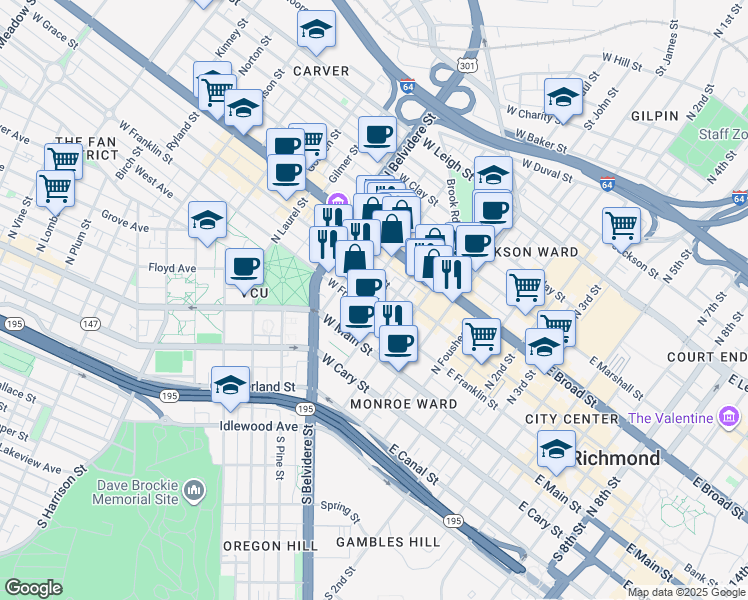 map of restaurants, bars, coffee shops, grocery stores, and more near 321 West Grace Street in Richmond