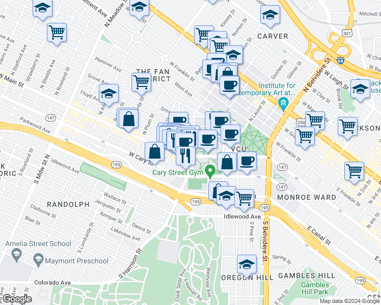 map of restaurants, bars, coffee shops, grocery stores, and more near 14 North Harrison Street in Richmond