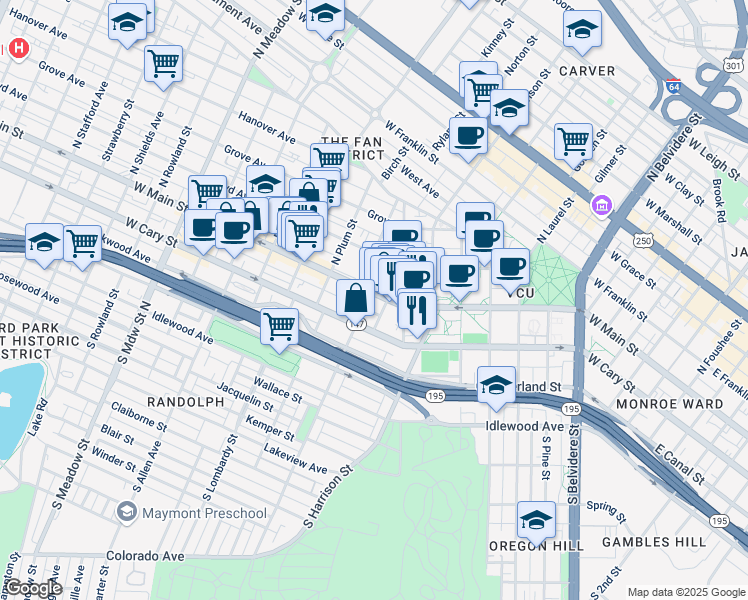 map of restaurants, bars, coffee shops, grocery stores, and more near 1401 Virginia 147 in Richmond