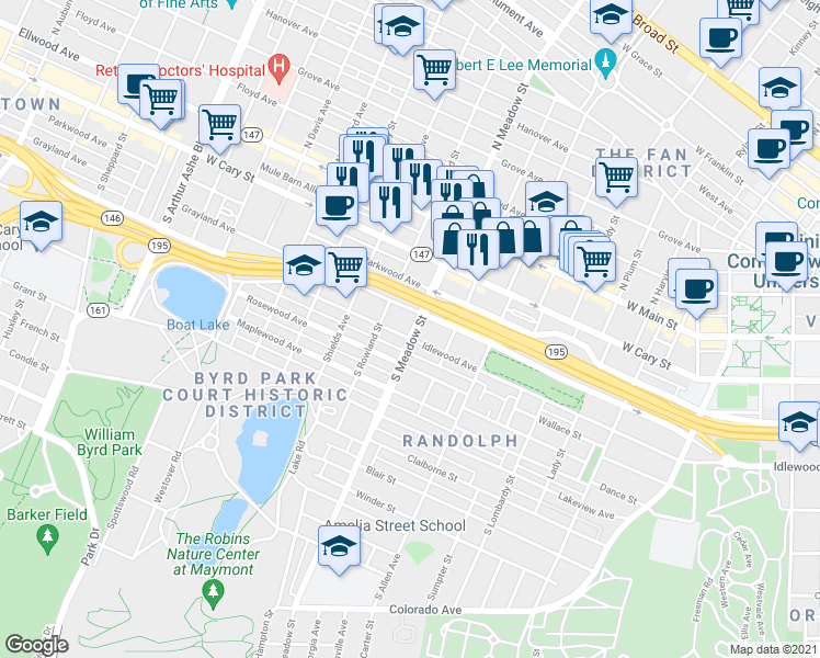 map of restaurants, bars, coffee shops, grocery stores, and more near 300 South Meadow Street in Richmond