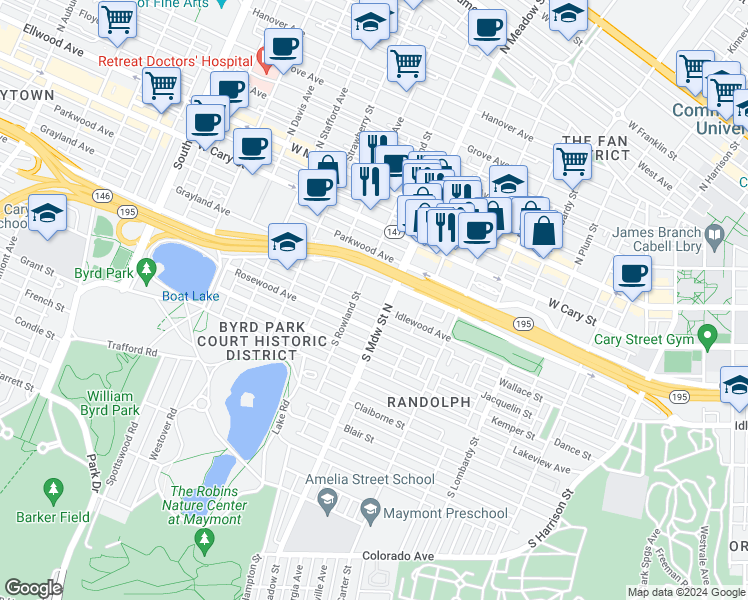 map of restaurants, bars, coffee shops, grocery stores, and more near 2010 Idlewood Avenue in Richmond