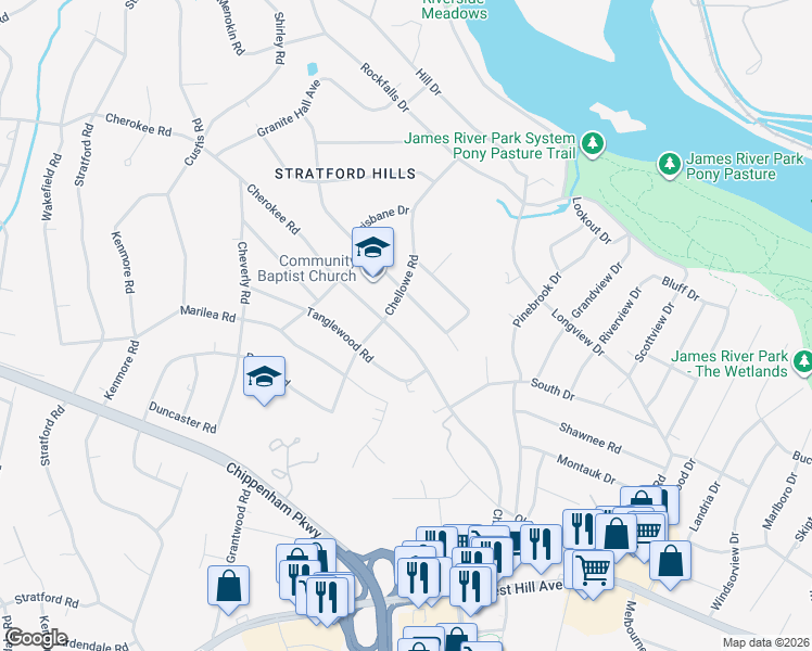 map of restaurants, bars, coffee shops, grocery stores, and more near 7435 Comanche Drive in Richmond