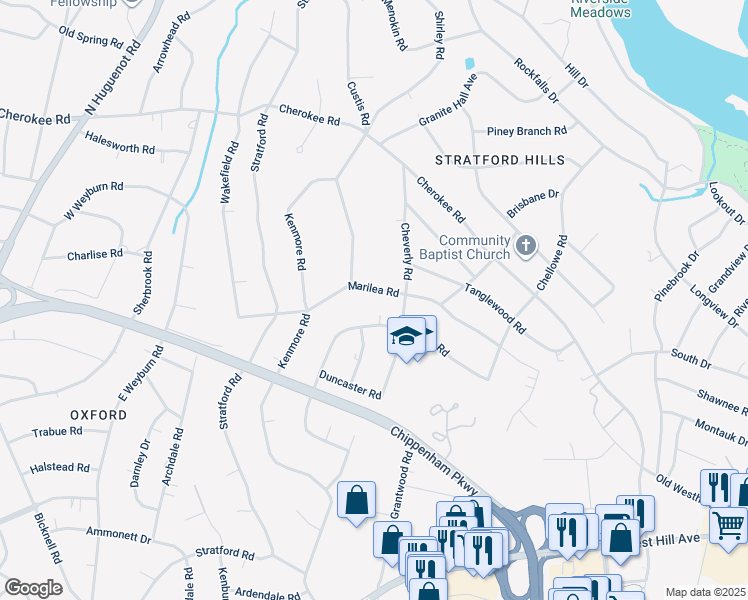map of restaurants, bars, coffee shops, grocery stores, and more near 7725 Marilea Road in Richmond