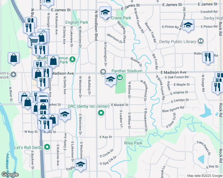 map of restaurants, bars, coffee shops, grocery stores, and more near 801 East Madison Avenue in Derby
